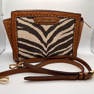 Michael Kors Zebra Print Crossbody in Brown and Cream 9” x 7”